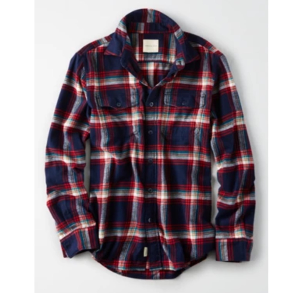 AE Seriously Soft Flannel Vibrant Navy with Red Plaid Classic Men’s Small